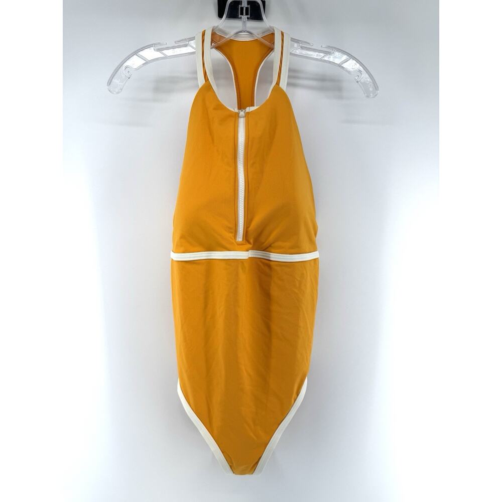 CALIA Women's 10 Halter Racerback 1/4 Zip One Piece Swimsuit Marigold Shine NWOT - Picture 3 of 8